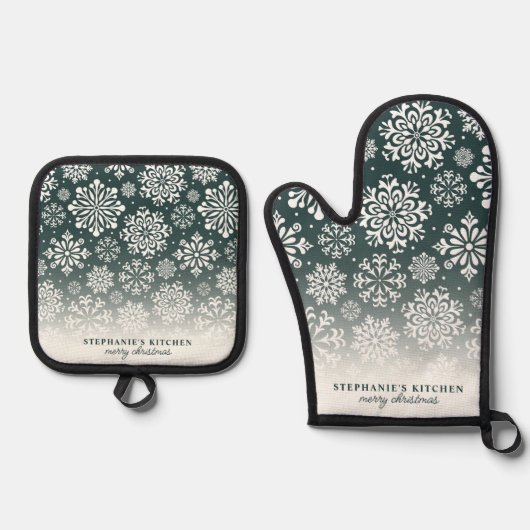 Winter Sneeuwvlokken op Donkergroen Ombre Kerstmis Ovenwant & Pannenlap Set (Voorkant)