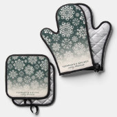 Winter Sneeuwvlokken op Donkergroen Ombre Kerstmis Ovenwant & Pannenlap Set (Voorkant / Achterkant)