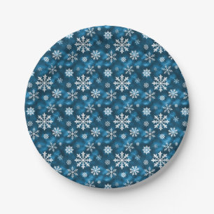 Winter Sneeuwvlokken Patroon Op Koel Blauwe Achter Papieren Bordje