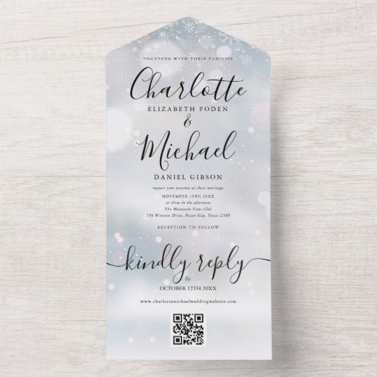 Winter Sneeuwvlokken QR Code Trouwen All In One Uitnodiging (Binnen)