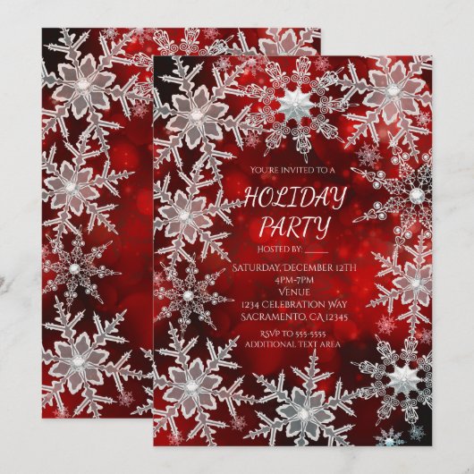 Winter Sneeuwvlokken Rode Vakantie Party Uitnodigi Kaart (Voorkant / Achterkant)