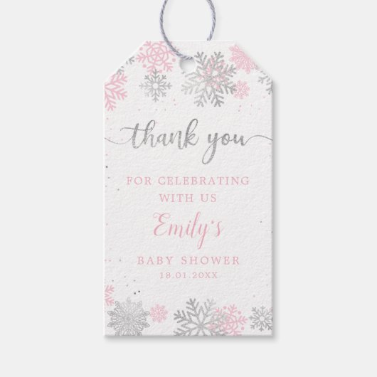 Winter sneeuwvlokken roze en zilveren meisje Baby  Cadeaulabel (Voorkant)