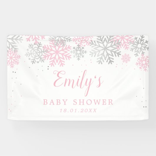Winter sneeuwvlokken roze en zilveren meisje Baby Spandoek (Horizontaal)