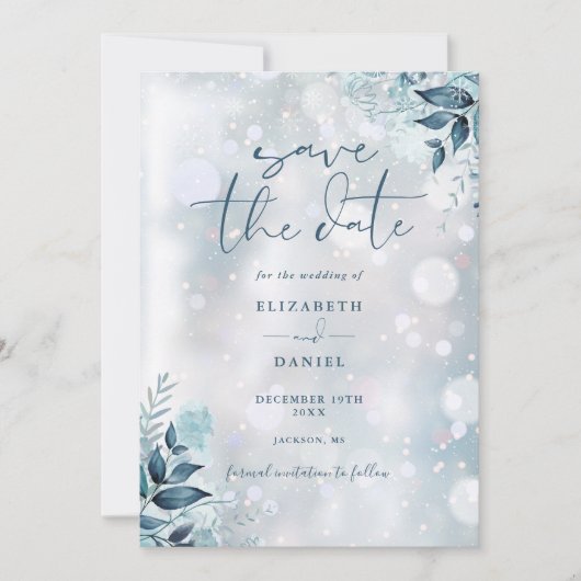 Winter Sneeuwvlokken Rustieke Bloemen Fotobruiloft Save The Date (Voorkant)