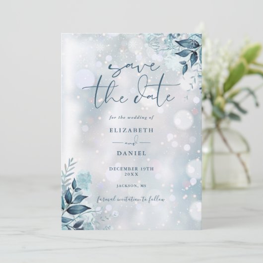 Winter Sneeuwvlokken Rustieke Bloemen Fotobruiloft Save The Date (Staand voorkant)