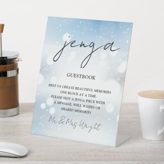 Winter Sneeuwvlokken Script Jenga Gastenboek Reclamebord Met Voetstuk (Insitu)