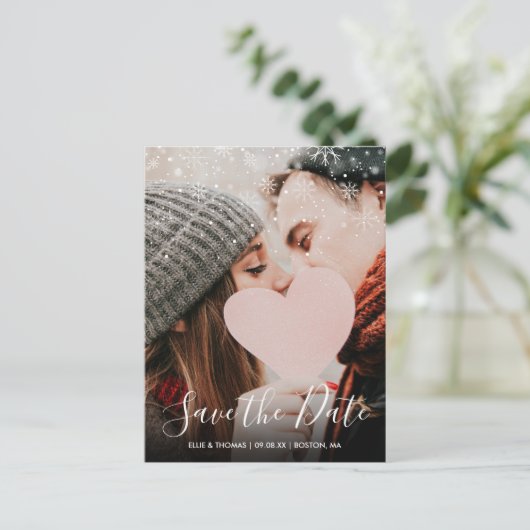 Winter Sneeuwvlokken Script Photo Save the Date Aankondigingskaart (Staand voorkant)