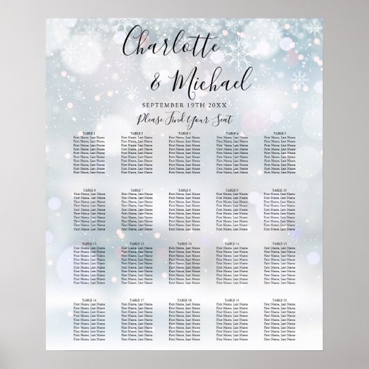 Winter Sneeuwvlokken Script Trouw Stoelen Chart Poster (Voorkant)