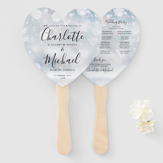 Winter Sneeuwvlokken Script Trouwprogramma Hart Handwaaier (Voorkant en achterkant)