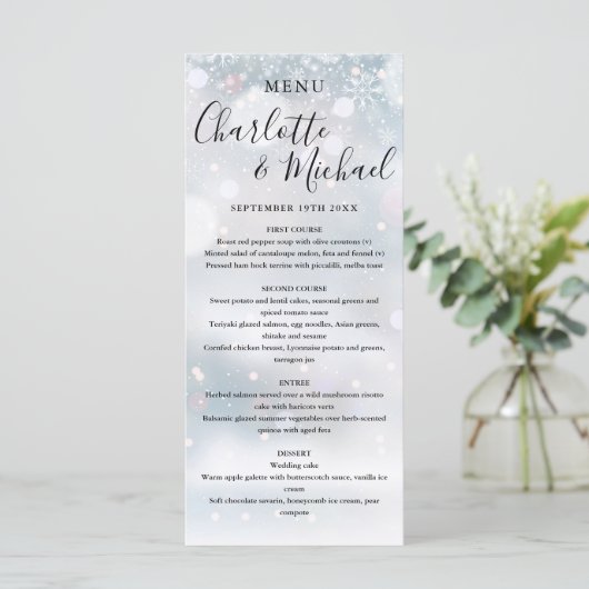 Winter Sneeuwvlokken Signature Script Wedding Menu (Staand voorkant)