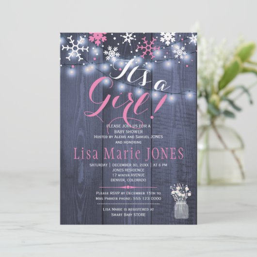 Winter sneeuwvlokken string lichten meisje baby sh kaart (Staand voorkant)