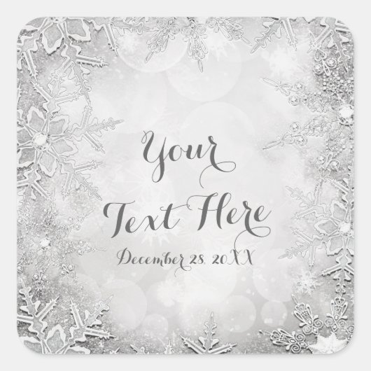 Winter Sneeuwvlokken Zilver & Wit Feestgunst Vierkante Sticker (Voorkant)