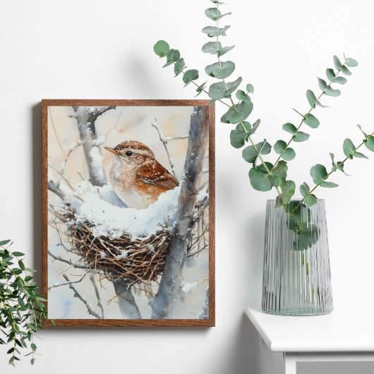 Winter Sneeuwvogel in Nestboom Natuur Aquarel Poster