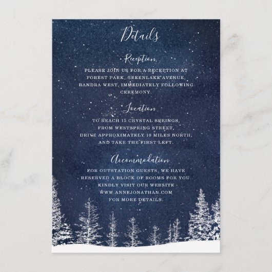 Winter Sneeuwwoud Sterrennacht Navy Bruiloft Informatiekaartje (Voorkant)