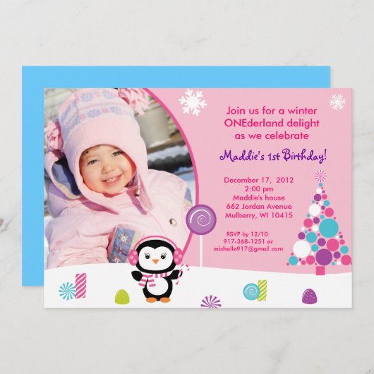 Winter Snoep Penguin Birthday Uitnodigingen (Voorkant / Achterkant)