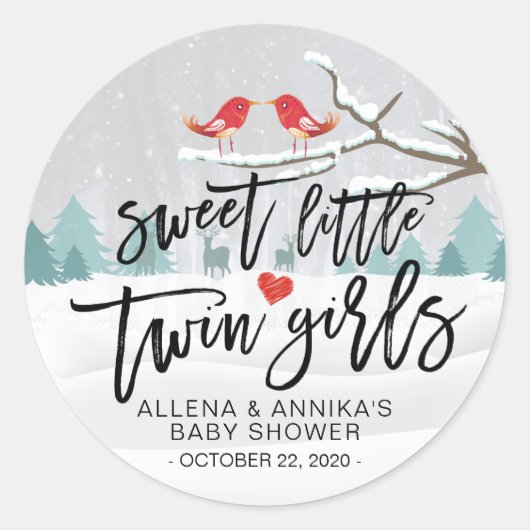 Winter Snow Baby shower Sweet Little Twin Girls Ronde Sticker (Voorkant)