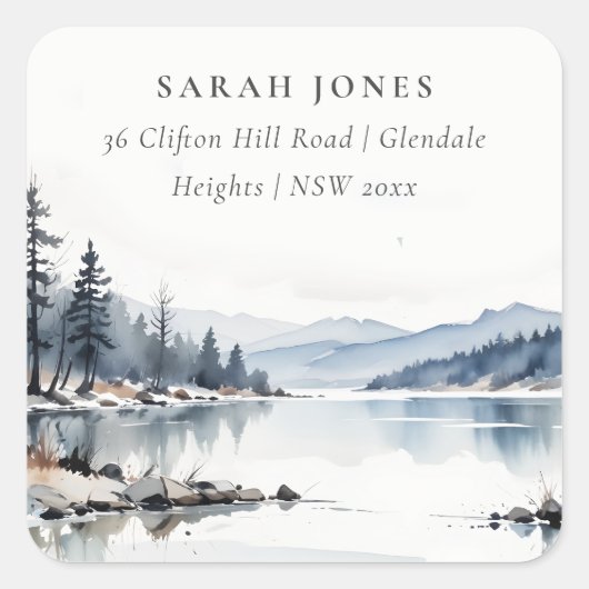 Winter Snow Berg Meer Landschap Adres Vierkante Sticker (Voorkant)
