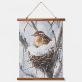 Winter Snow Bird Wren in Tree Nest Nature Art Hangend Wandkleed