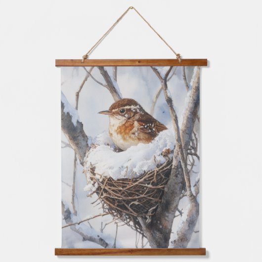 Winter Snow Bird Wren in Tree Nest Nature Art Hangend Wandkleed (Voorkant)