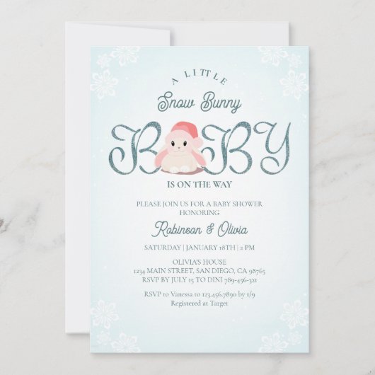 Winter Snow Bunny Baby shower Kaart (Voorkant)