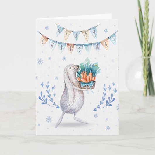 Winter Snow Bunny Vrolijk Kerstfeest Feestdagen Kaart (Voorkant)