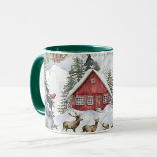 Winter Snow Cabin Woodland Forest Deer Mok