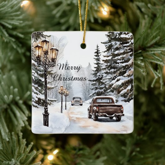 Winter Snow Christmas Trees Cars Keramisch Ornament (Boom)