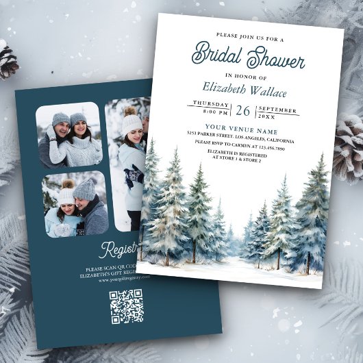 Winter Snow Dennenbos QR Code Bruidsuitnodiging Kaart