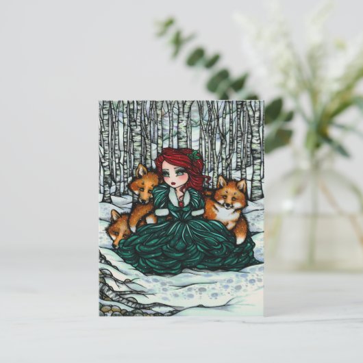 Winter Snow Foxes Forest Girl Fantasy Art Briefkaa Briefkaart (Staand voorkant)
