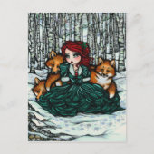 Winter Snow Foxes Forest Girl Fantasy Art Briefkaa Briefkaart (Voorkant)