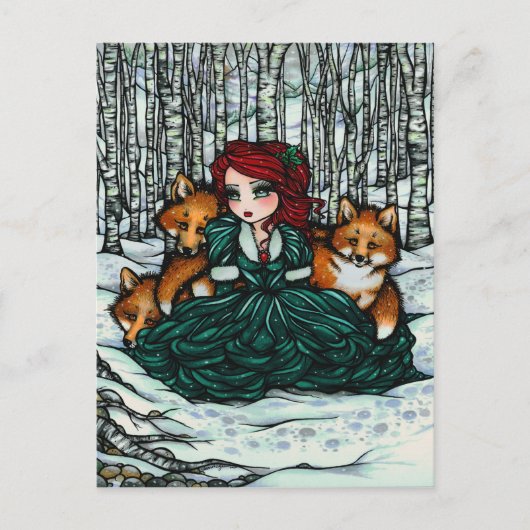 Winter Snow Foxes Forest Girl Fantasy Art Briefkaa Briefkaart (Voorkant)