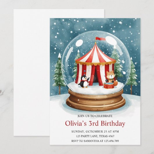Winter Snow Globe Circus Birthday Kaart (Voorkant / Achterkant)
