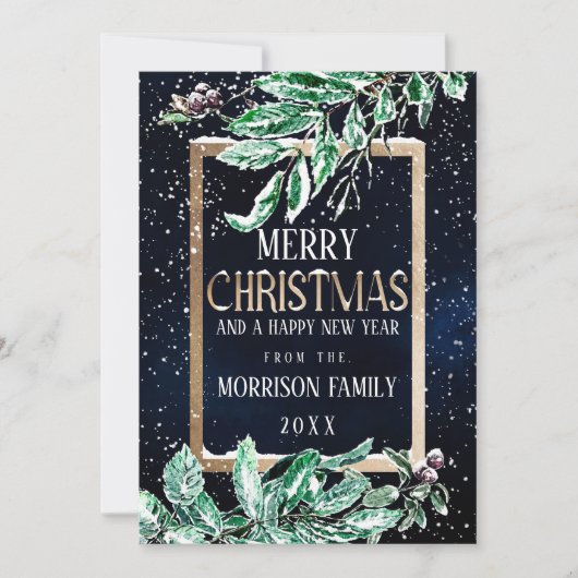 Winter Snow Gold Navy Leaf Waterverf Kerst Feestdagenkaart (Voorkant)