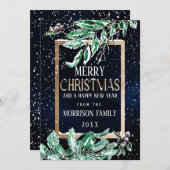 Winter Snow Gold Navy Leaf Waterverf Kerst Feestdagenkaart (Voorkant / Achterkant)