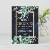 Winter Snow Gold Navy Leaf Waterverf Kerst Feestdagenkaart (Staand voorkant)
