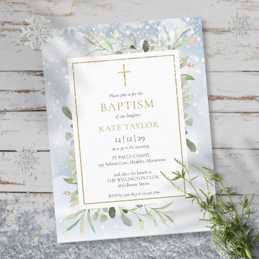 Winter Snow Greenery Baptism Invitation Uitnodiging Briefkaart