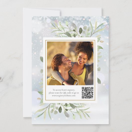 Winter Snow Greenery QR Code Foto Vrijgezellenfees Kaart (Achterkant)