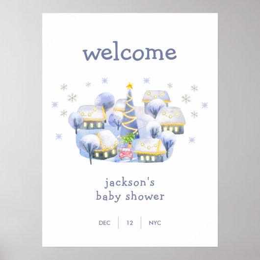 Winter Snow It Take A Village Baby Shower Welcome Poster (Voorkant)