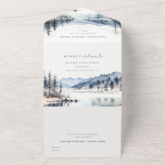 Winter Snow Mountain Lake Landschap Wedding All In One Uitnodiging (Buitenkant)
