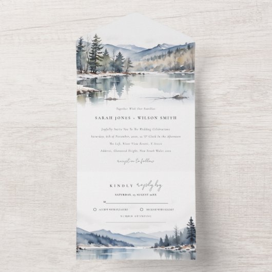 Winter Snow Mountain Lake Landschap Wedding All In One Uitnodiging (Binnen)
