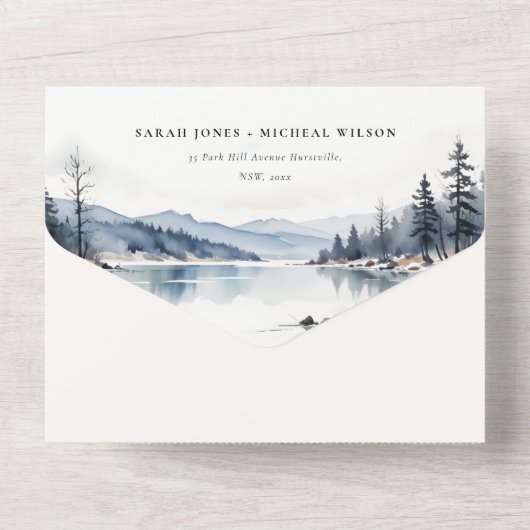 Winter Snow Mountain Lake Landschap Wedding All In One Uitnodiging (Achterkant)