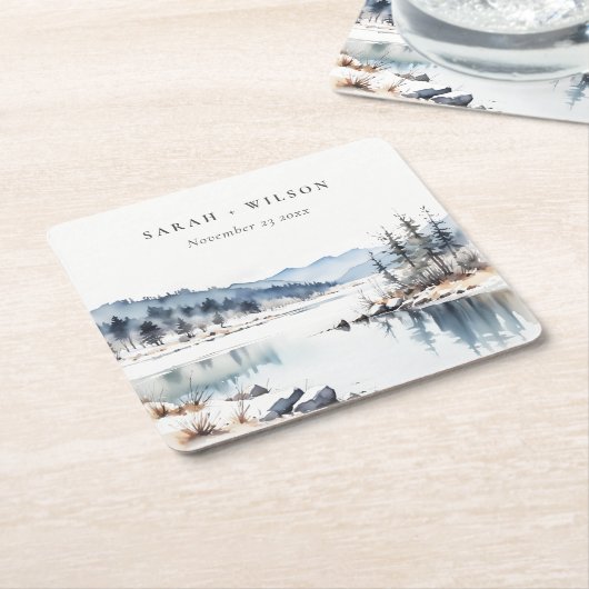 Winter Snow Mountain Lake Landschap Wedding Kartonnen Onderzetters (Schuin)