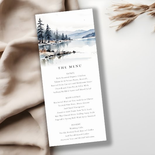 Winter Snow Mountain Lake Landschap Wedding Menu Kaart
