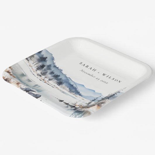 Winter Snow Mountain Lake Landschap Wedding Papieren Bordje (Gebogen)