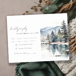 Winter Snow Mountain Lake Landschap Wedding RSVP Kaartje