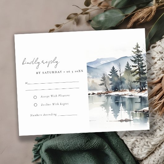 Winter Snow Mountain Lake Landschap Wedding RSVP Kaartje