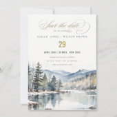 Winter Snow Mountain Lake Landschap Wedding Save The Date (Voorkant)