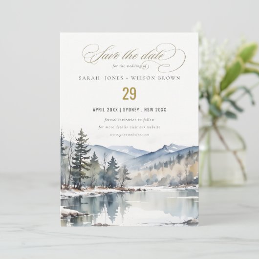 Winter Snow Mountain Lake Landschap Wedding Save The Date (Staand voorkant)
