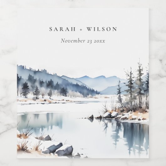 Winter Snow Mountain Lake Landschap Wedding Wijn Etiket (Enkel label)