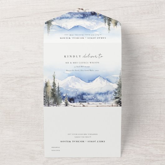 Winter Snow Mountain Ski Landschap Wedding All In One Uitnodiging (Buitenkant)